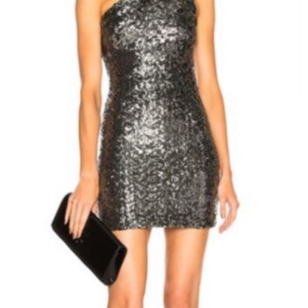 NWT Haney Valentina Silver Sequin One-Shoulder Cocktail Dress